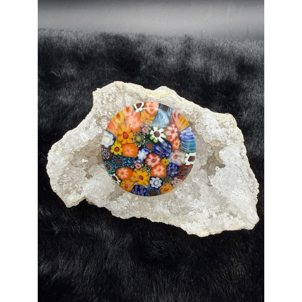 Vintage Brooch Pin Millefiori Glass Round‎  Multicolor